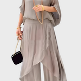 Stella - Wide top and pants with a slit – Two-piece chiffon set