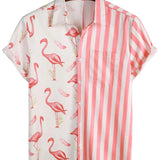 Short Sleeve Cotton Shirt with Pink Flamingo Pattern and Stripes for Men