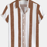 Casual Short Sleeve Shirt with Vertical Stripes in Vintage Brown for Men