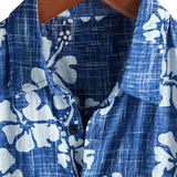 Men's Short Sleeve Cotton Hawaiian Shirt with Blue Floral Pattern