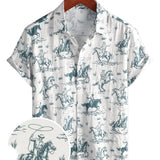Men's Cotton Shirt with Horse Pattern, Buttoned, Short Sleeve for Summer