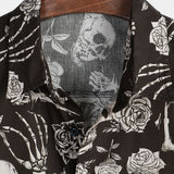Cool Cotton Button-Up Shirt with Pink Skull in Flowers for Men, Punk Rock and Roll