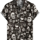 Cool Cotton Button-Up Shirt with Pink Skull in Flowers for Men, Punk Rock and Roll