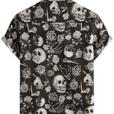 Cool Cotton Button-Up Shirt with Pink Skull in Flowers for Men, Punk Rock and Roll