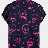 Men's Aloha Shirt in Cotton with Pink Skull Print and Short Sleeves