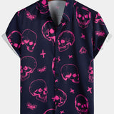 Men's Aloha Shirt in Cotton with Pink Skull Print and Short Sleeves