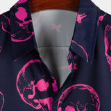 Men's Aloha Shirt in Cotton with Pink Skull Print and Short Sleeves