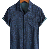 Men's Short Sleeve Cotton Boho Shirt in Navy with Tribal Geometric Pattern