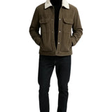 Men's Velvet Jacket with Sherpa Collar and Snaps - Brown Coffee