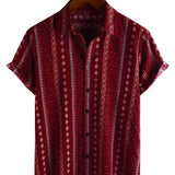 Vintage 70s Style Short Sleeve Cotton Shirt with Red Stripes for Men