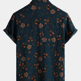 Short Sleeve Cotton Button-Up Shirt for Men, Floral, Navy for Summer
