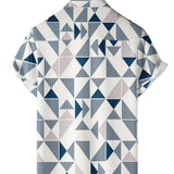 Men's Casual Cotton Shirt with Geometric Print in Blue and White Triangle, Short Sleeve for Summer