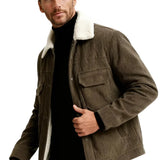 Men's Velvet Jacket with Sherpa Collar and Snaps - Brown Coffee