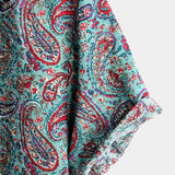 Vintage Short Sleeve Cotton Button-Up Shirt for Men in Paisley Style