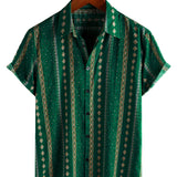 Vintage 70s Short Sleeve Cotton Shirt with Green Stripes for Men