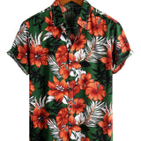 Short Sleeve Cotton Shirt with Hawaiian Green Flowers for Men