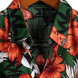 Short Sleeve Cotton Shirt with Hawaiian Green Flowers for Men