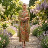 Daniela - Long floral patterned dress with a fitted vest