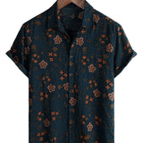 Short Sleeve Cotton Button-Up Shirt for Men, Floral, Navy for Summer