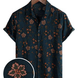 Short Sleeve Cotton Button-Up Shirt for Men, Floral, Navy for Summer
