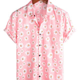 Men's Short Sleeve Cotton Hawaiian Shirt in Pink with Daisies
