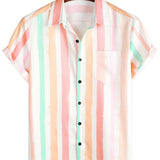 Men's Summer Cotton Shirt in Pink and White Vertical Stripes with Buttons and Pocket, Short Sleeve
