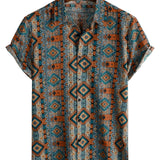 Short Sleeve Cotton Shirt with Buttons and 70s Aztec Pattern.