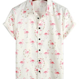 Men's Short Sleeve Cotton Shirt with Pink Flamingo Print