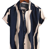 Men's Cotton Retro Striped Summer Shirt in Navy Blue with Short Sleeves and Buttons