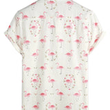 Men's Short Sleeve Cotton Shirt with Pink Flamingo Print