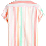 Men's Summer Cotton Shirt in Pink and White Vertical Stripes with Buttons and Pocket, Short Sleeve