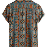 Short Sleeve Cotton Shirt with Buttons and 70s Aztec Pattern.