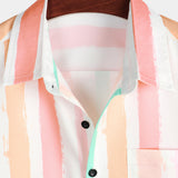 Men's Summer Cotton Shirt in Pink and White Vertical Stripes with Buttons and Pocket, Short Sleeve