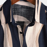 Men's Cotton Retro Striped Summer Shirt in Navy Blue with Short Sleeves and Buttons