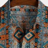 Short Sleeve Cotton Shirt with Buttons and 70s Aztec Pattern.