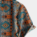 Short Sleeve Cotton Shirt with Buttons and 70s Aztec Pattern.