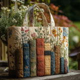 Quilted Fabric Tote Bag - Flowers and Books Collection
