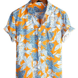 Short Sleeve Cotton Shirt with Tropical Leaf Pattern for Men