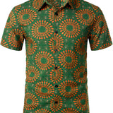 Men's Retro 70s Floral Cotton Shirt, Green, Summer, Beach, Boho, Short Sleeve