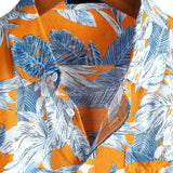 Short Sleeve Cotton Shirt with Tropical Leaf Pattern for Men