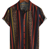 Men's Lion Patch Patterned Short Sleeve Shirt in Vertical Stripes for Summer Holidays