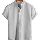 Men's Cotton Shirt with High Collar in Solid Color and Short Sleeves in Classic Vertical Stripes