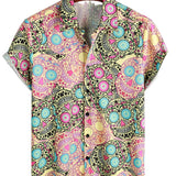 Men's Short Sleeve Cotton Shirt with Pink Skull