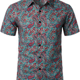 Vintage Short Sleeve Cotton Button-Up Shirt for Men in Paisley Style
