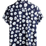 Men's Short Sleeve Cotton Hawaiian Shirt in Navy Color with Daisies
