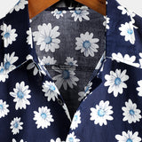 Men's Short Sleeve Cotton Hawaiian Shirt in Navy Color with Daisies