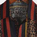 Men's Lion Patch Patterned Short Sleeve Shirt in Vertical Stripes for Summer Holidays