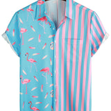 Short Sleeve Cotton Shirt with Flamingo Pattern and Belt for Men