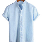 Men's Cotton Shirt with High Collar in Solid Color and Short Sleeves in Classic Vertical Stripes
