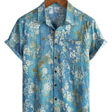 Short Sleeve Cotton Shirt with Blue Floral Pattern for Men